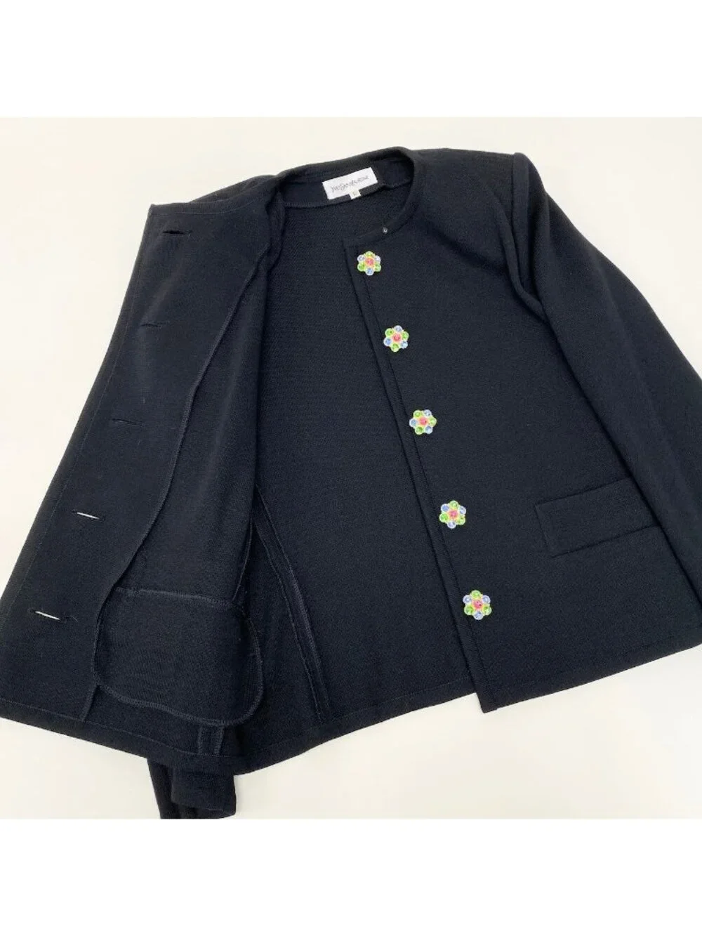Saint Laurent Bijou Button Collarless Knit Jacket Black Wool